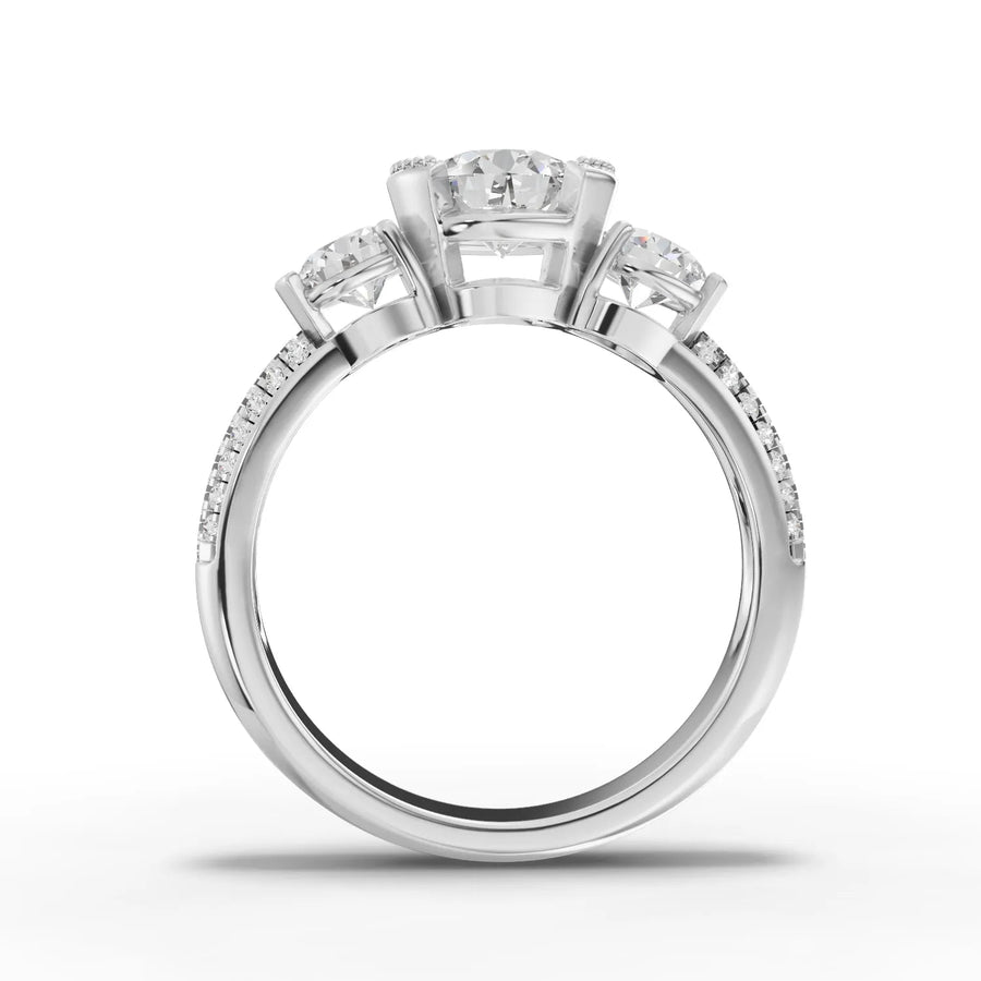 Round lab-grown three stone ring white gold close-up