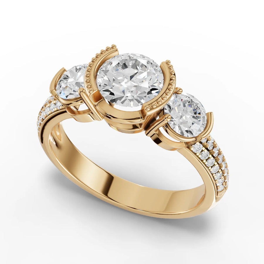 Three stone round ring yellow gold angle