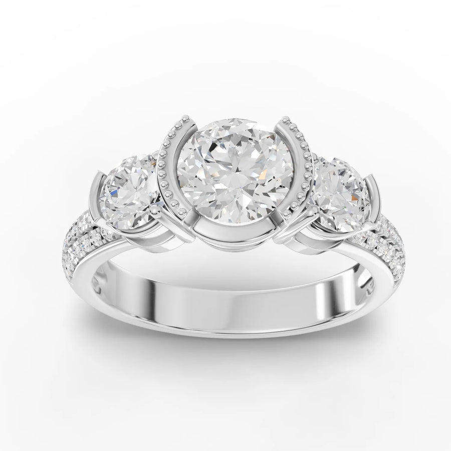 1.87 CT round three-stone lab grown diamond ring with 1.00 CT center, prong-set side stones, and accent diamond band
