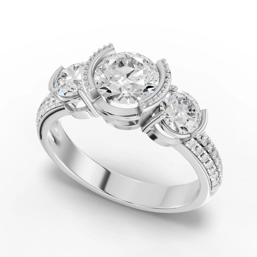 Three stone round ring white gold angle