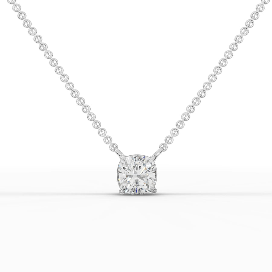 1.50 ct cushion cut lab grown diamond solitaire pendant necklace with four-prong setting and gold chain
