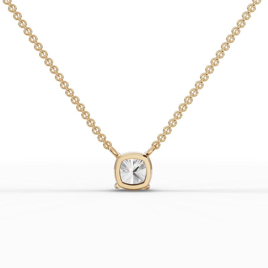 Lab-grown cushion diamond pendant yellow gold close-up