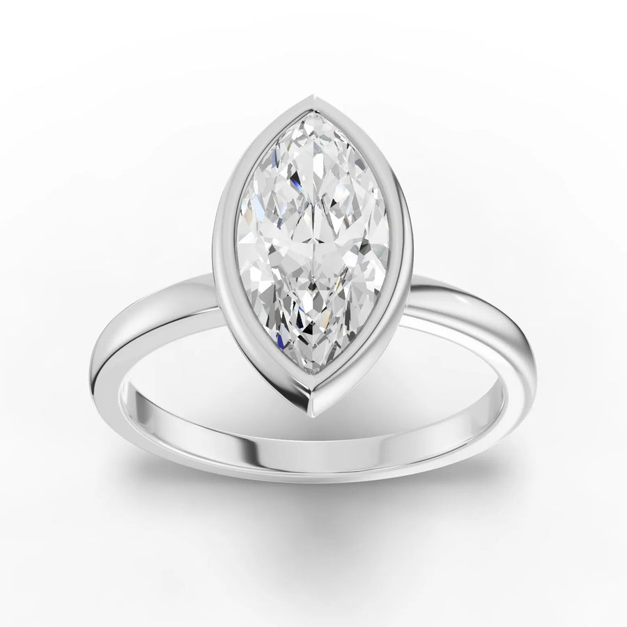 1.5 CT marquise bezel lab diamond solitaire ring with elongated center stone and streamlined band
