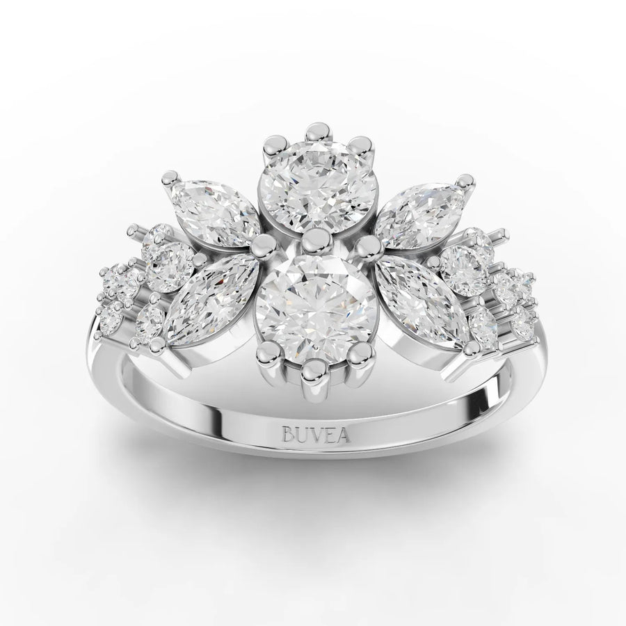 1.49 CT floral multi shape lab diamond ring in 18K gold with 0.66 CT two-round center and marquise cluster accents