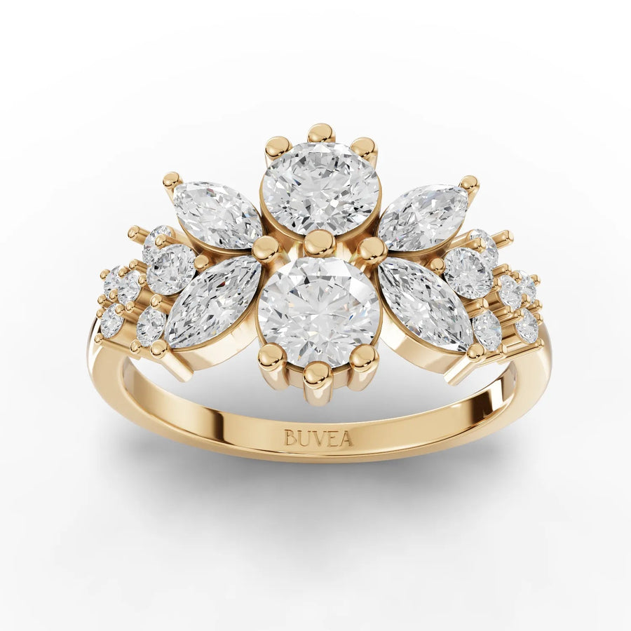 Floral cluster diamond ring yellow gold top view