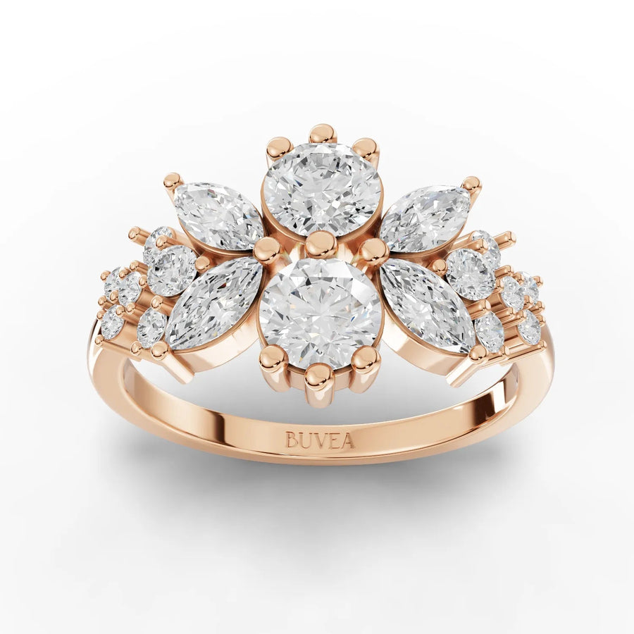 Floral cluster diamond ring rose gold top view