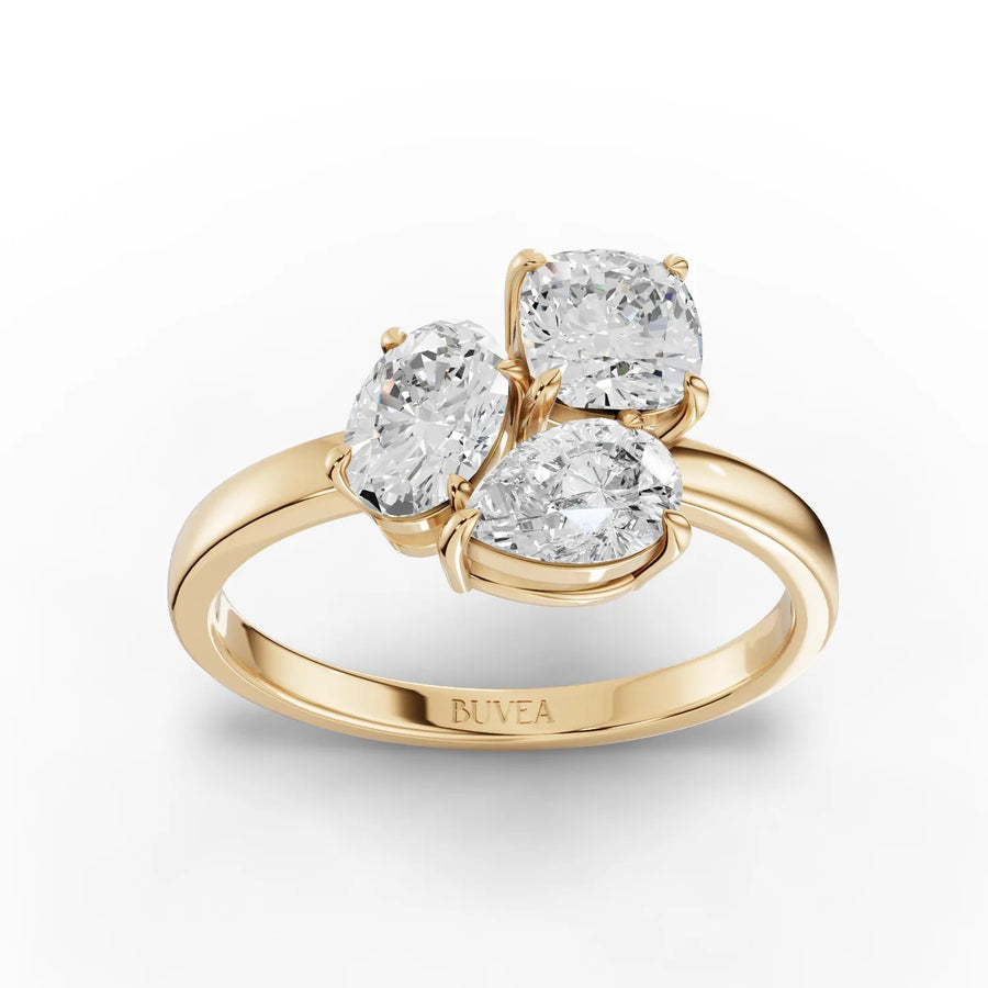 Three-stone lab-grown diamond ring yellow gold top view