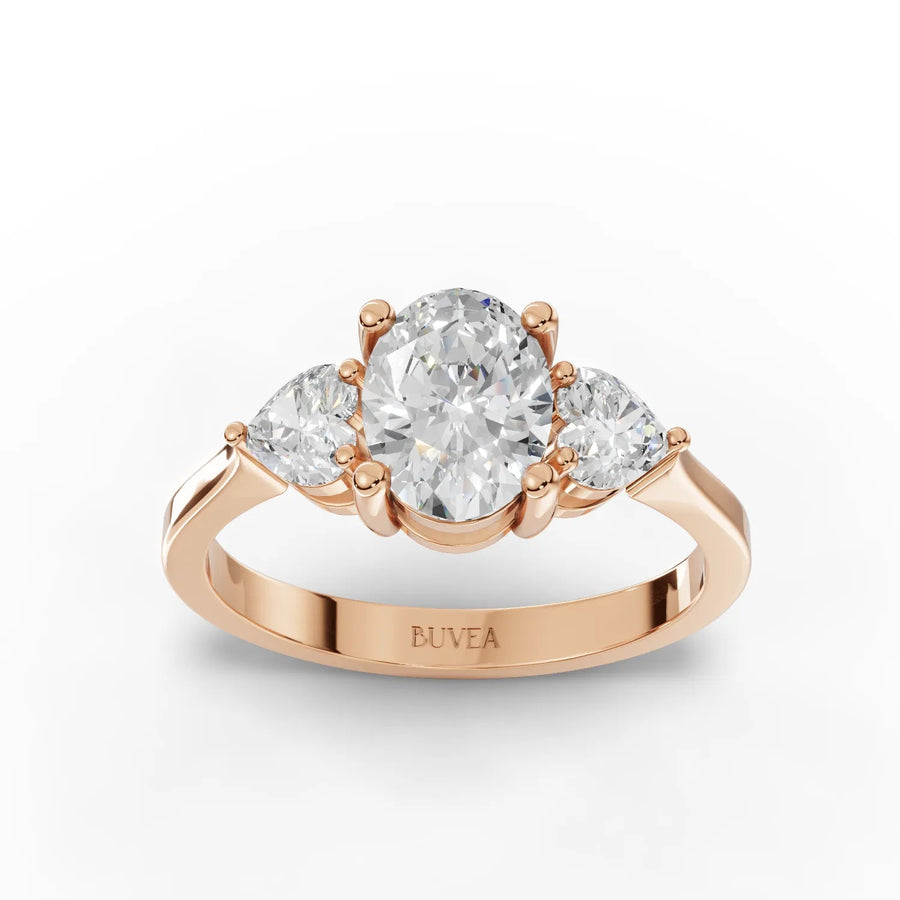 Oval three-stone lab-grown diamond ring rose gold top view