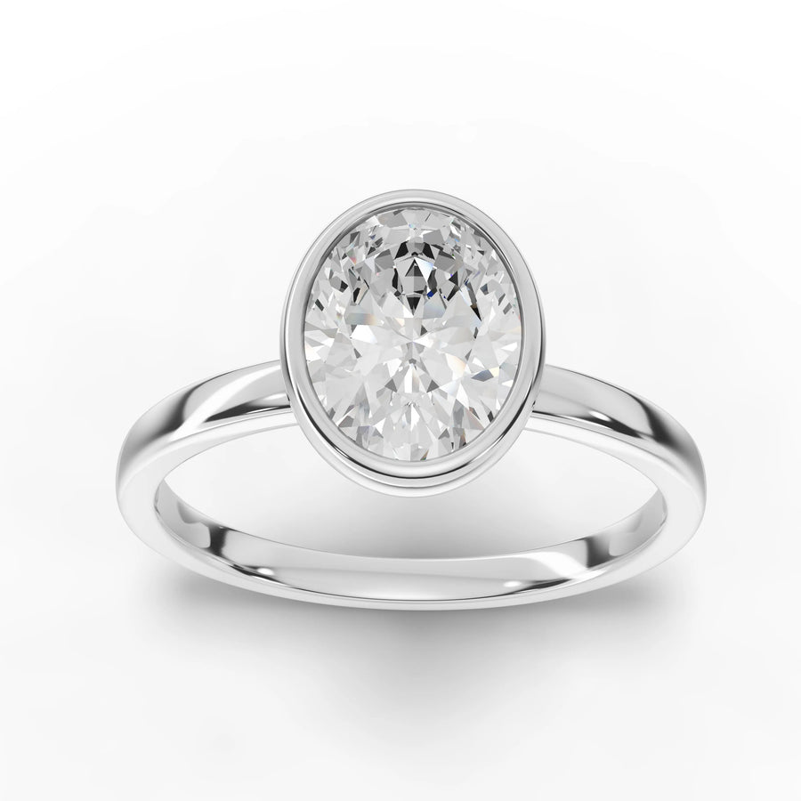 1.50 CT oval bezel lab diamond solitaire ring with elongated center stone and smooth polished band