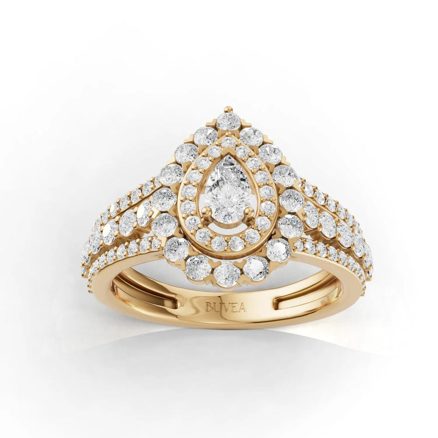 Pear double-halo diamond ring yellow gold top view