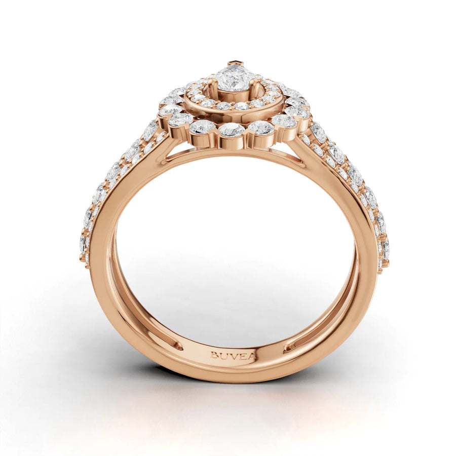 Pear halo ring rose gold close-up
