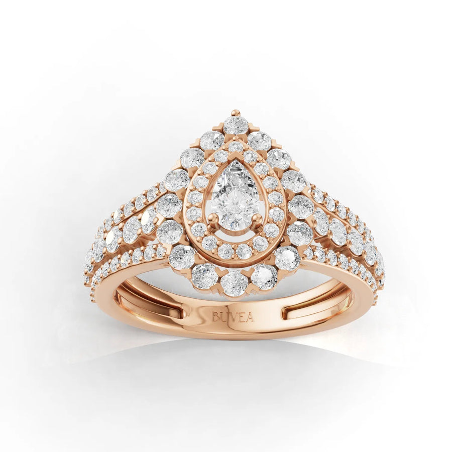 Pear double-halo diamond ring rose gold top view