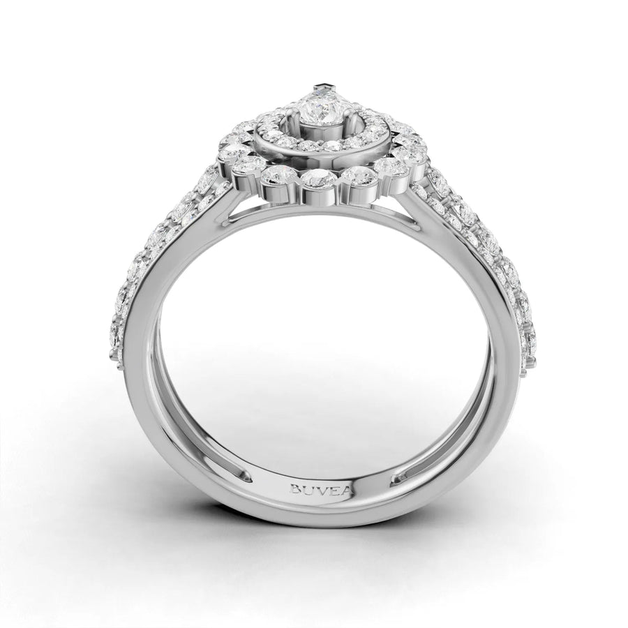 Pear halo ring white gold close-up
