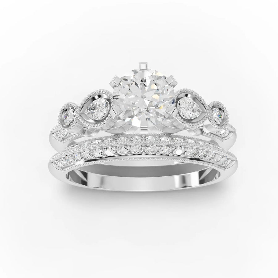 1.28 CT vintage milgrain lab grown diamond ring set with round center stone, split dual bands, and bezel-set round and pear accents