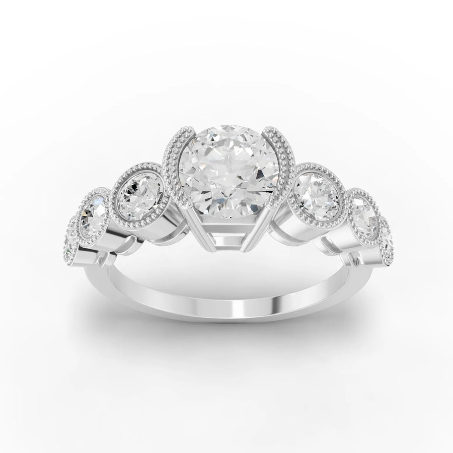 1.62 ct round lab grown diamond ring with 0.90 ct center stone and milgrain bezel accent diamonds