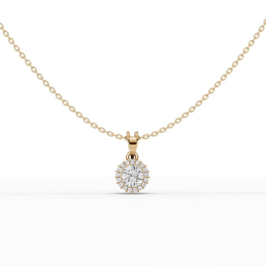 1.5 CT lab-grown diamond halo pendant yellow gold front view