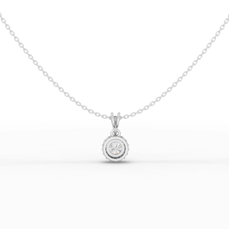 Round halo pendant white gold angle