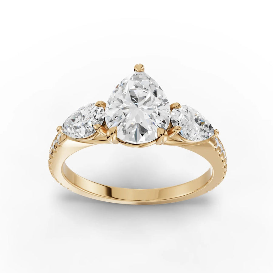 1.97 CT three stone pear lab-grown diamond ring yellow gold top view