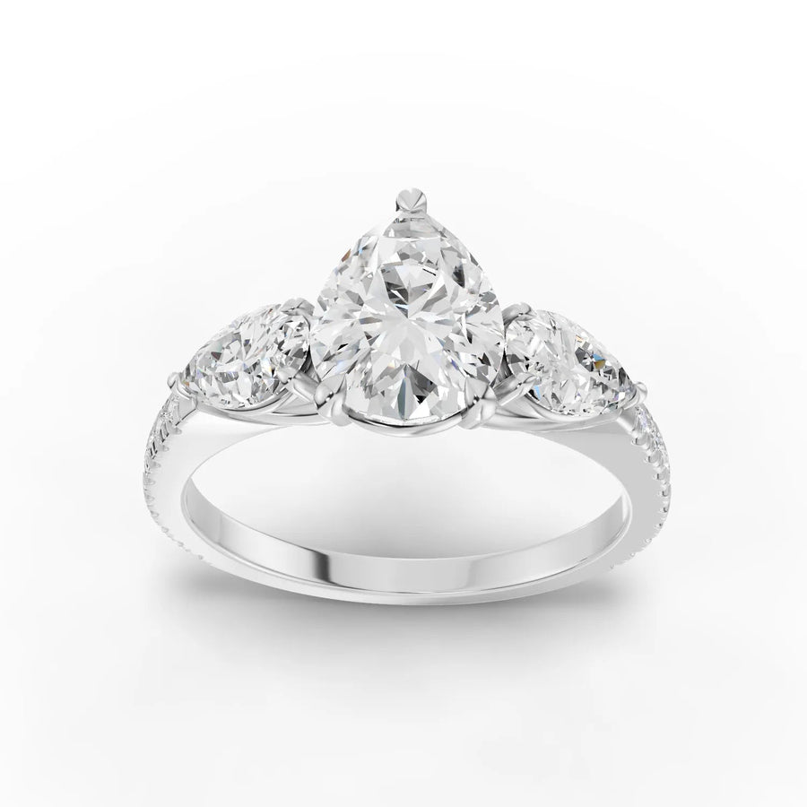 2.68 CT three-stone pear lab grown diamond ring with 1.50 CT center stone and round accent diamonds on band