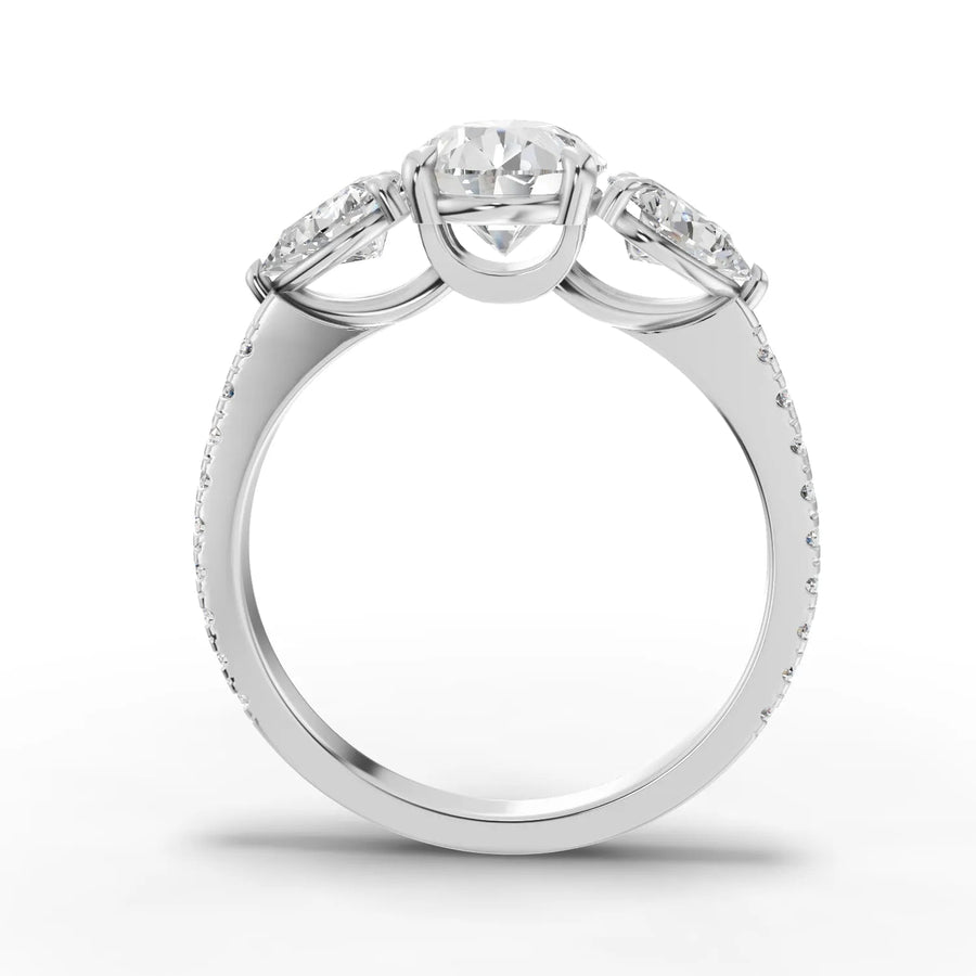 Pear lab-grown three stone ring white gold close-up
