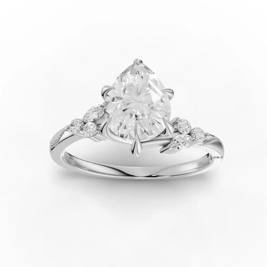 1.50 CT pear lab diamond ring with marquise accents in 18K gold solitaire accent setting