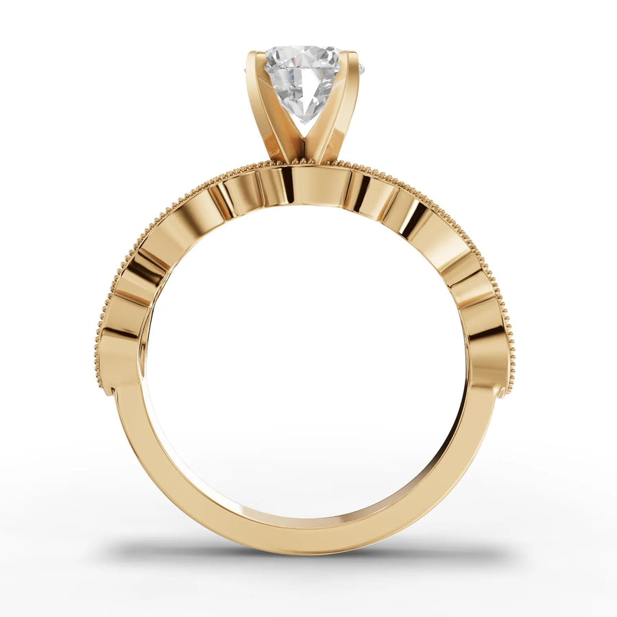Round lab-grown milgrain ring yellow gold close-up