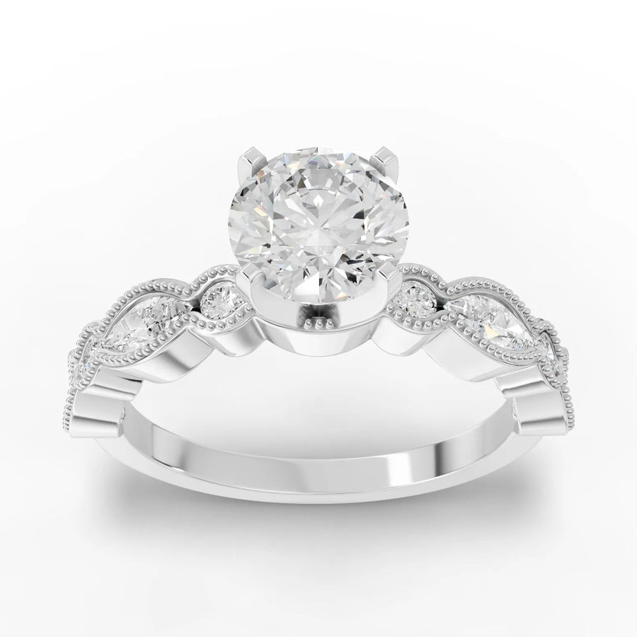 1.51 ct round vintage marquise lab diamond ring with 1.00 ct center, marquise and round accents, milgrain band