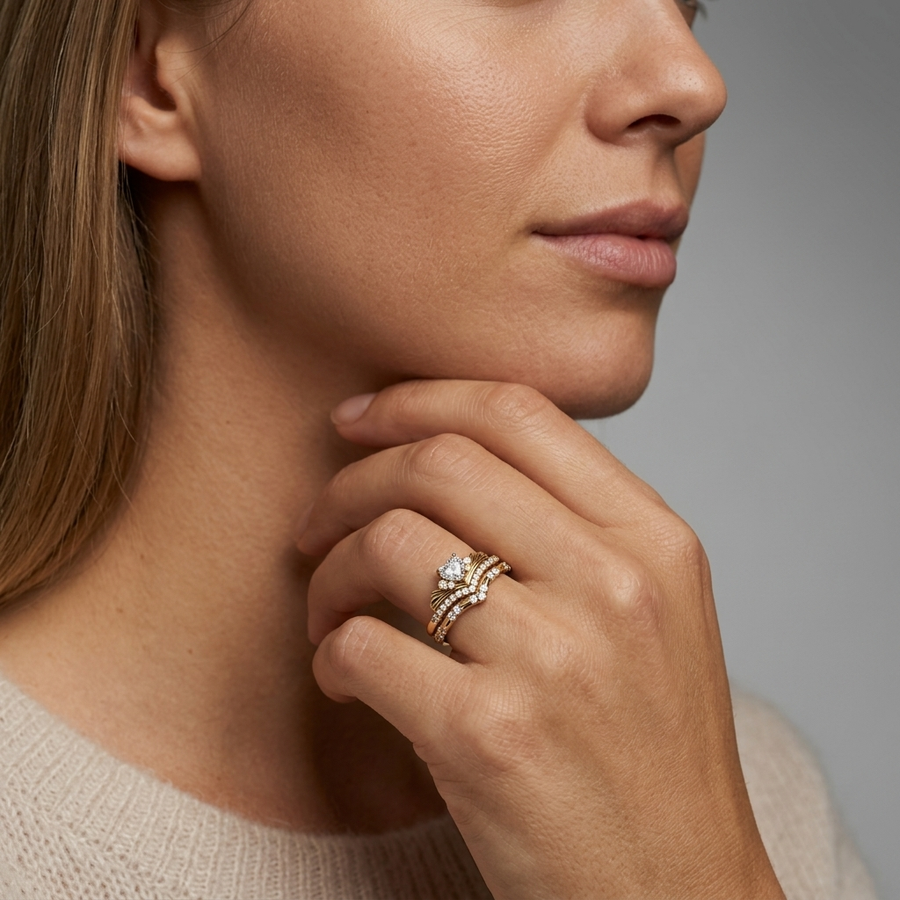 0.39 Ct Heart Solitaire With Side Stone Band Set