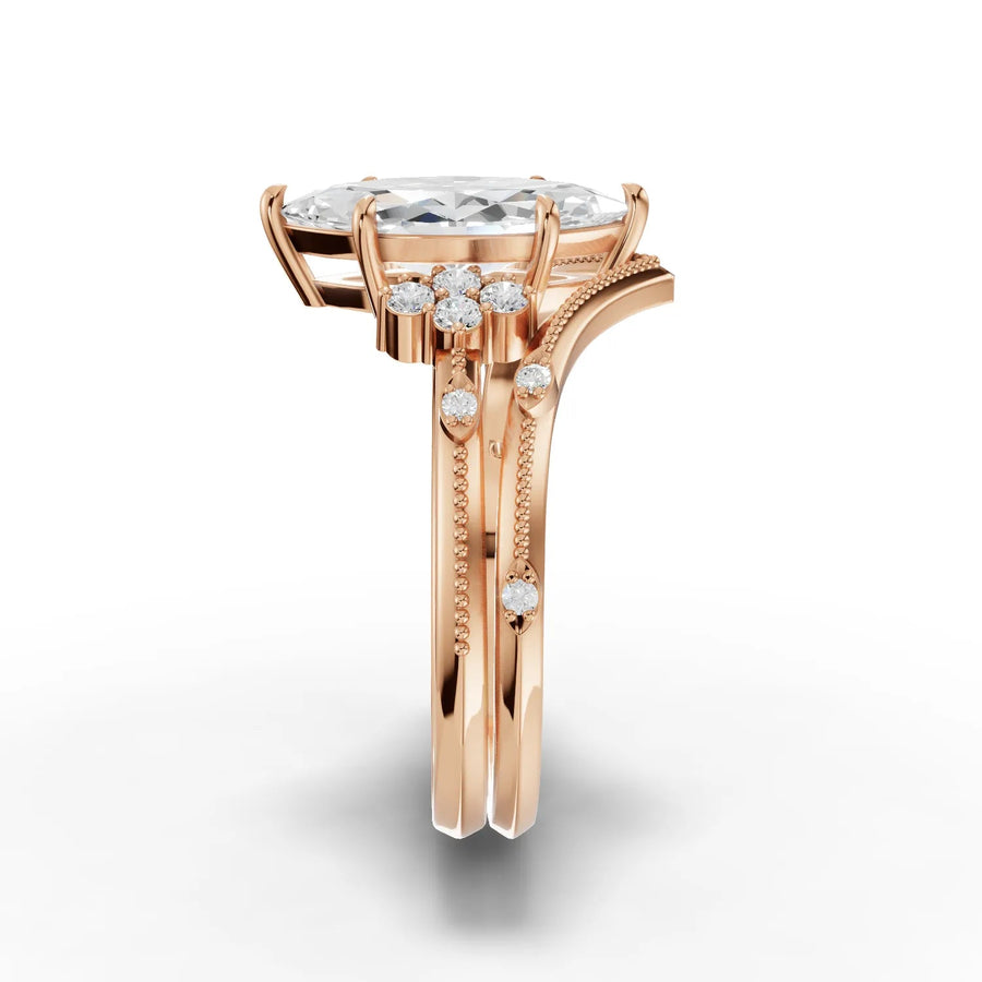 1.65 Ct marquise solitaire lab diamond ring in rose gold, featuring an elongated center stone with accent diamonds on the band.