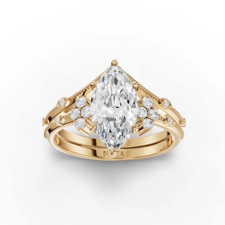 1.65 Ct marquise lab diamond ring in yellow gold, featuring a central marquise stone and smaller accent diamonds.
