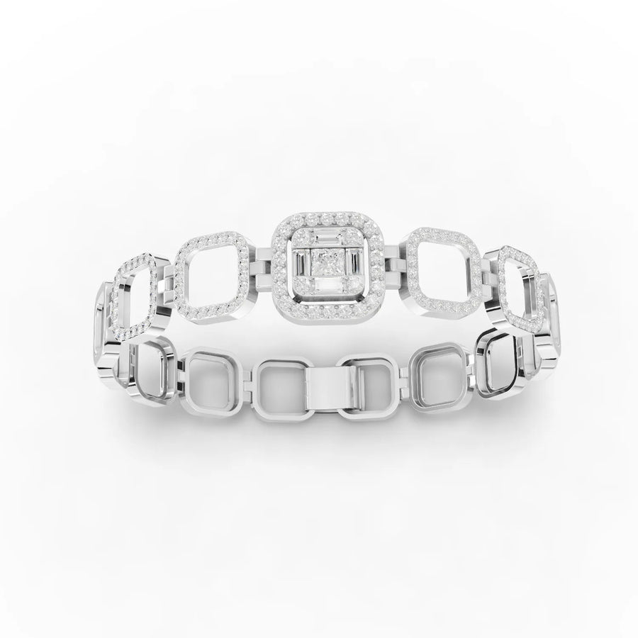 1.63 CT square link halo lab diamond bracelet with round accents and princess-cut center cluster