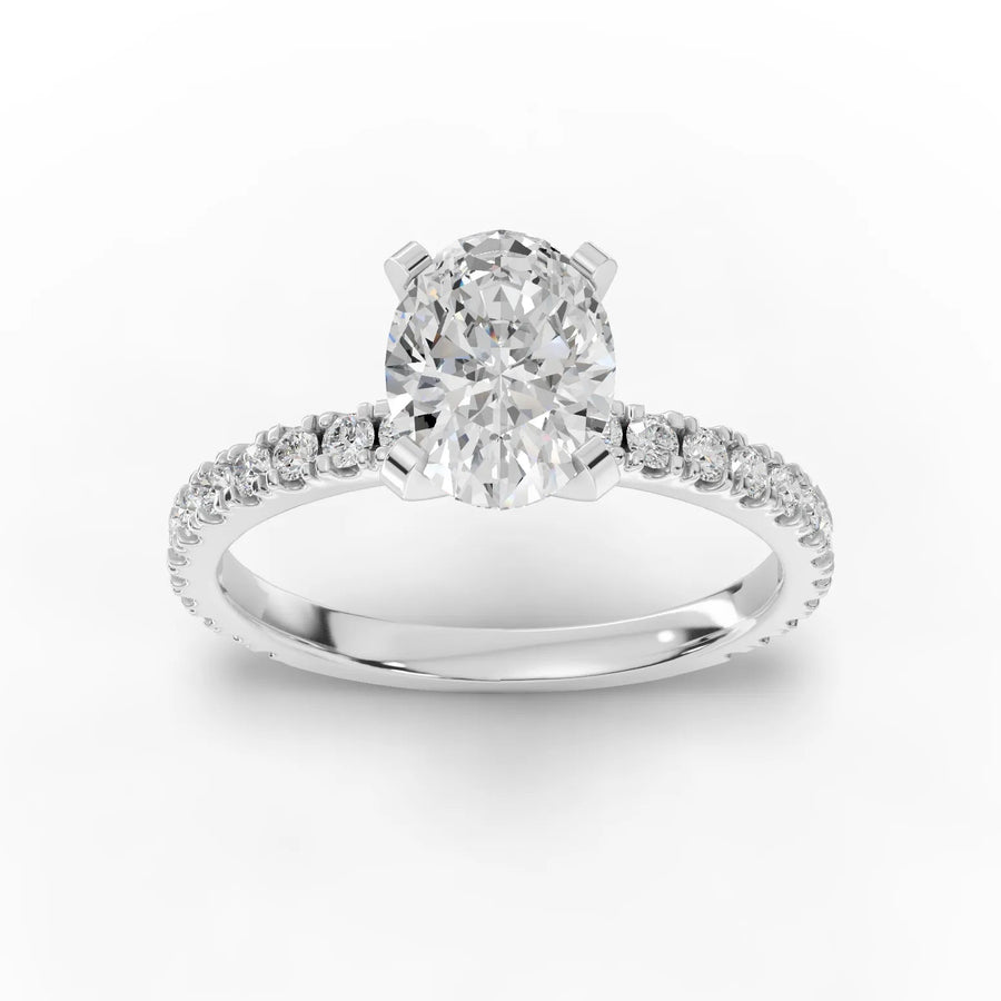 1.87 CT oval solitaire pavé lab grown diamond ring with 1.50 CT center stone in 18k gold