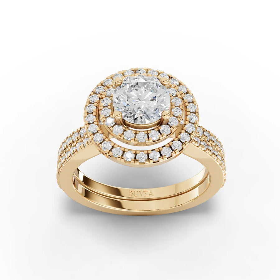 Double-halo round diamond ring yellow gold top view