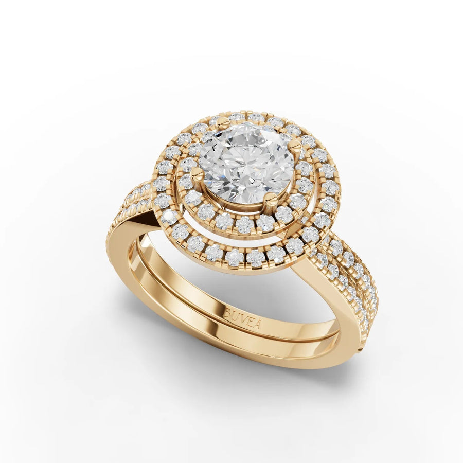 Pavé dual-halo ring yellow gold angled profile