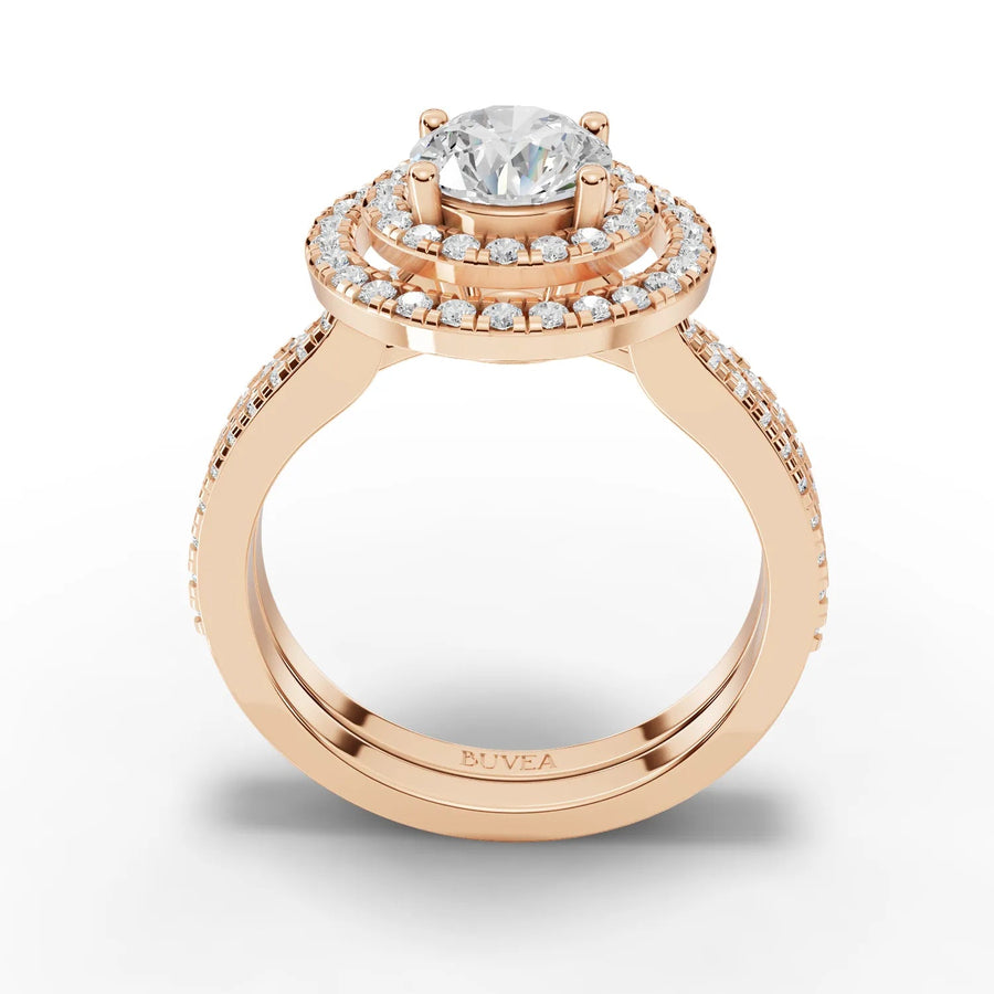 Round center double-halo ring rose gold close-up