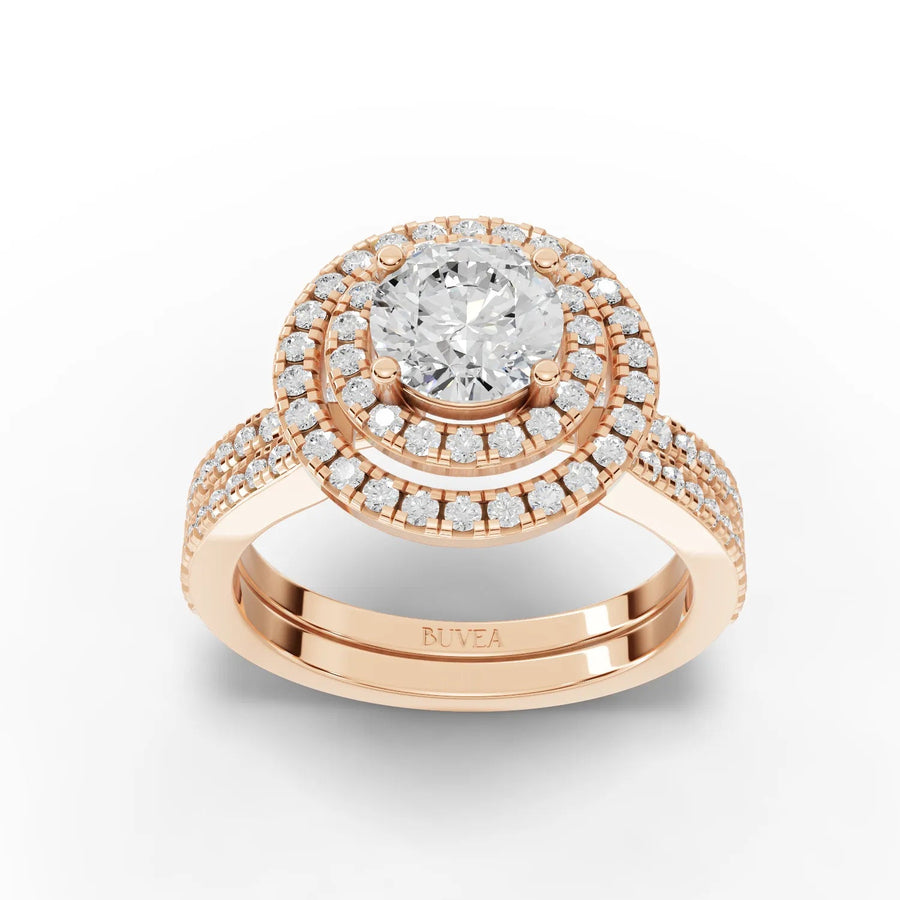 Double-halo round diamond ring rose gold top view