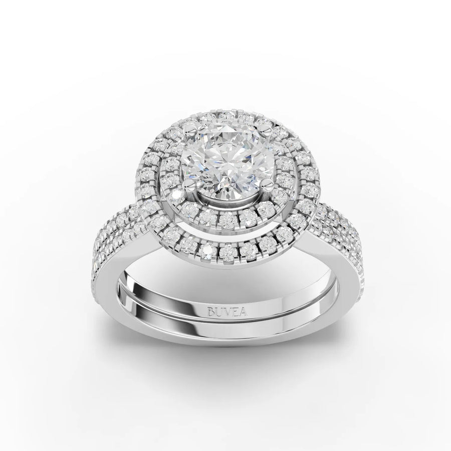 1.72 CT round double halo pavé lab diamond ring with 1 CT center stone and multi-row diamond band