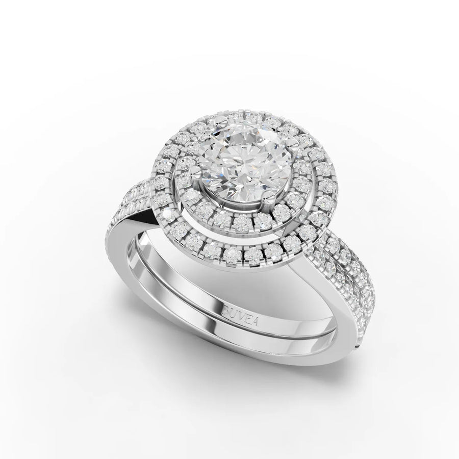 Pavé dual-halo ring white gold angled profile