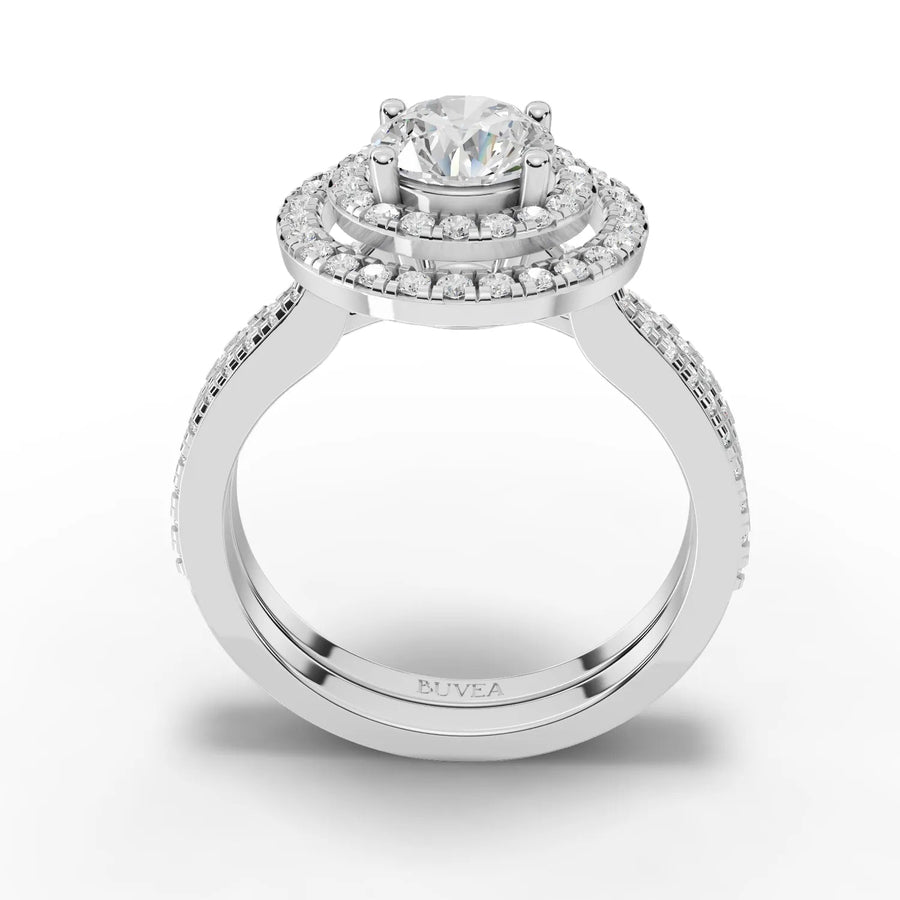 Round center double-halo ring white gold close-up