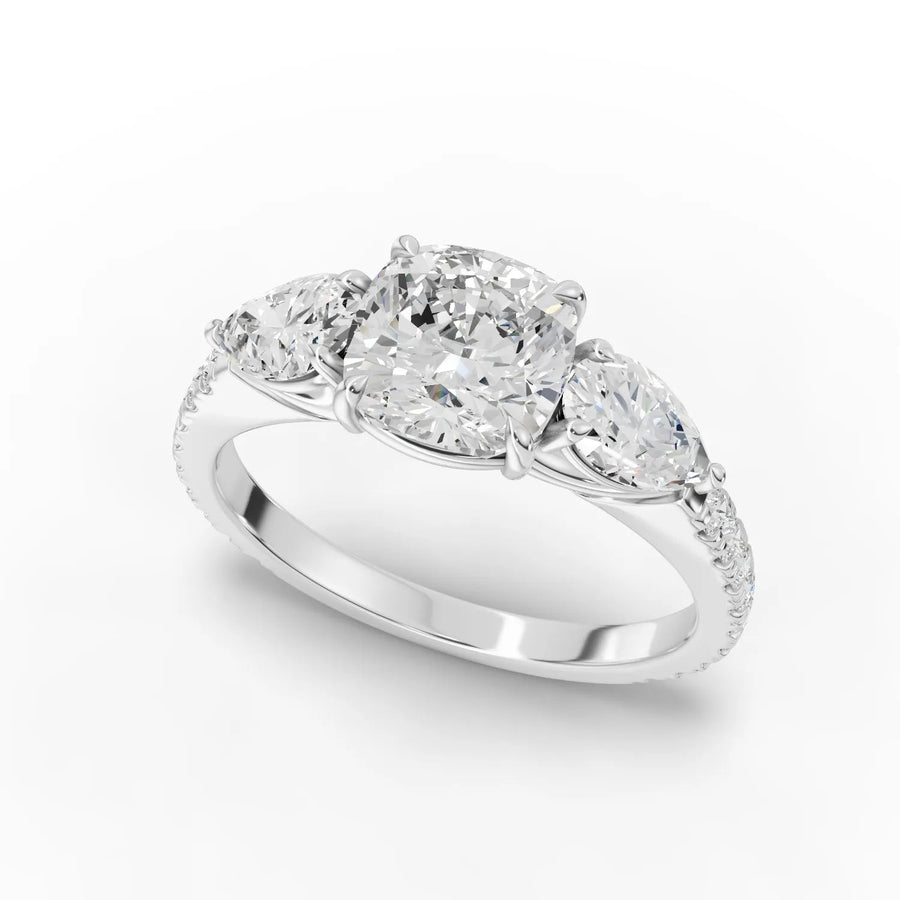 Cushion three-stone ring white gold angle