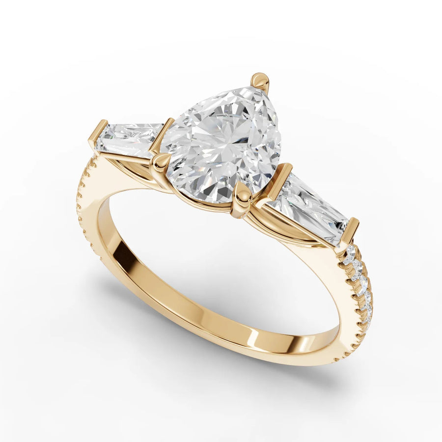 Pear baguette diamond ring yellow gold angle
