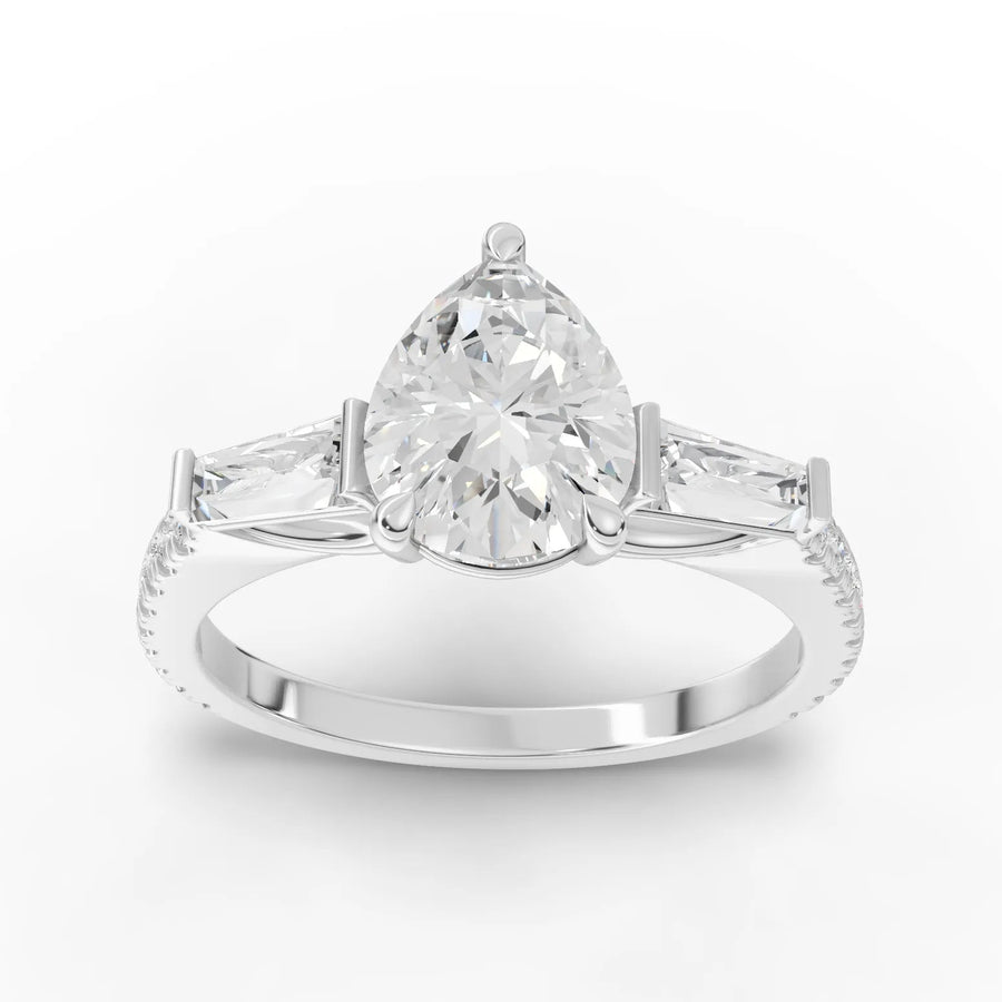 2.12 CT pear three-stone pavé lab diamond ring in 18KT gold with 1.50 CT center and tapered baguette side stones