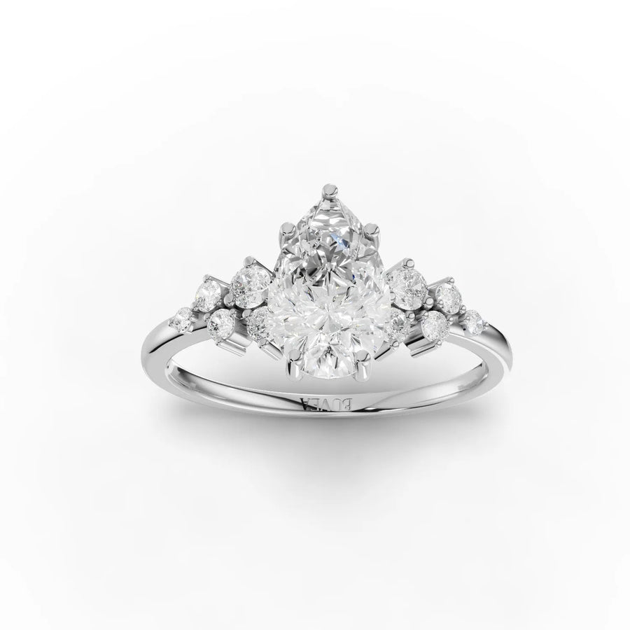 Pear-shaped lab-grown diamond ring white gold top view