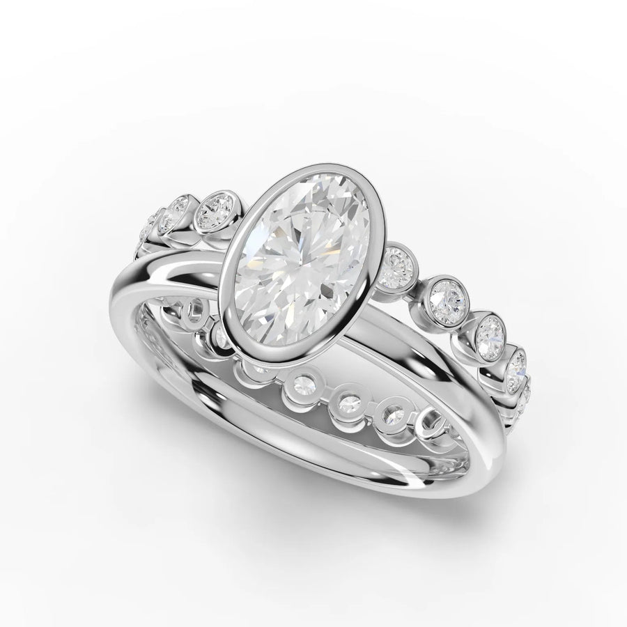 1.63 Ct oval solitaire lab diamond ring in 18K gold with prong-set center and bezel-set side stones for added brilliance.