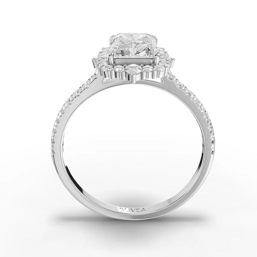 Radiant center halo ring white gold close-up