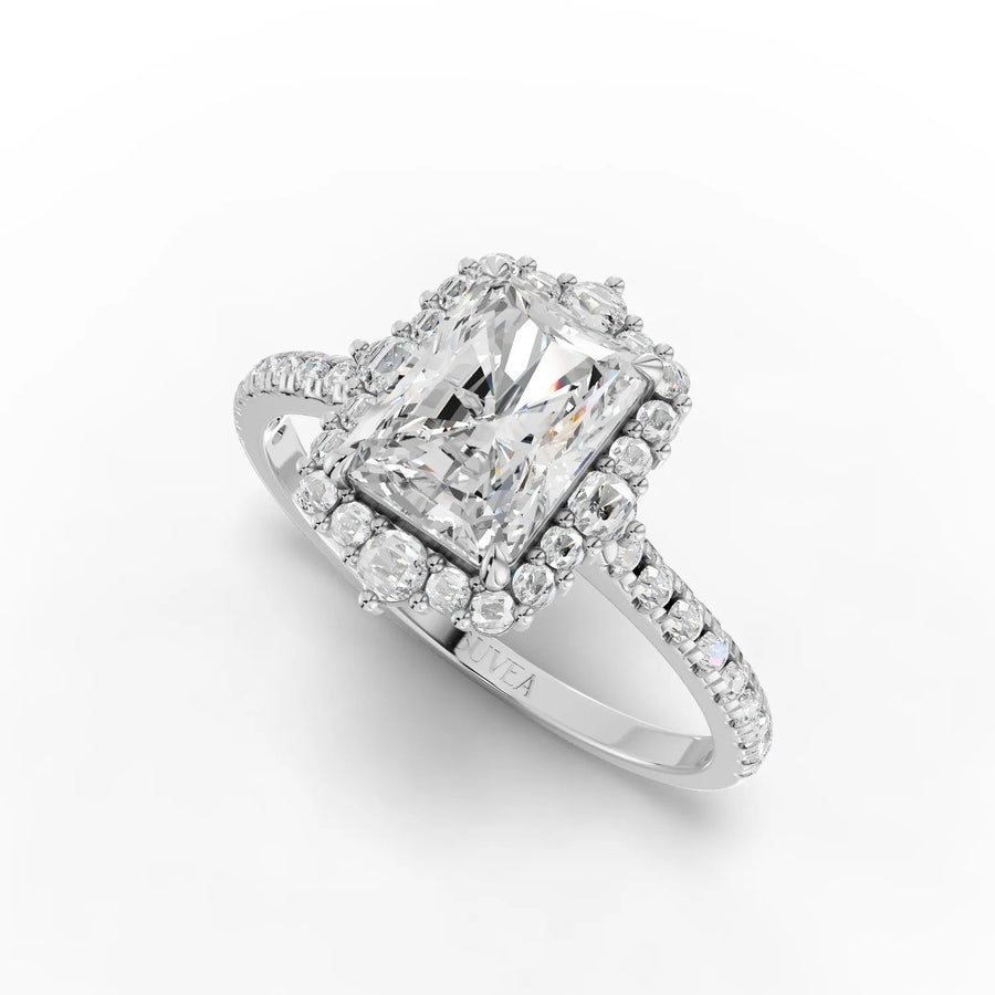 Halo radiant diamond ring white gold angled profile