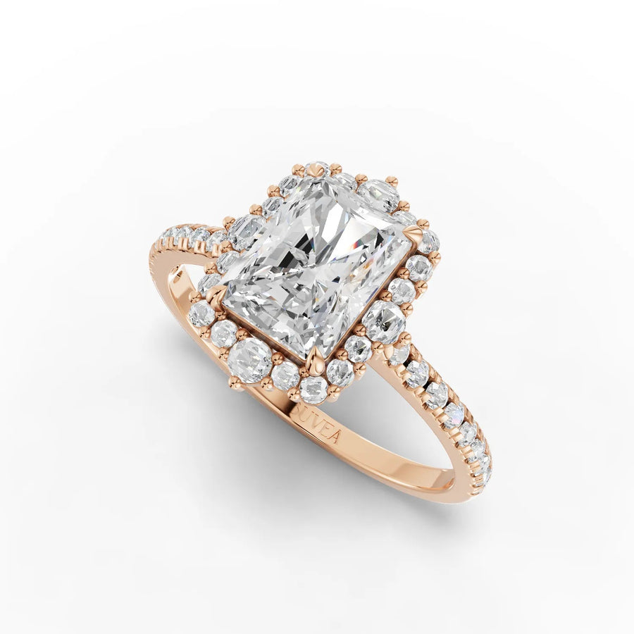 Halo radiant diamond ring rose gold angled profile