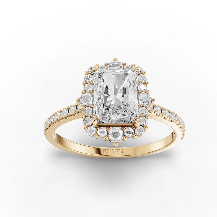 Radiant cut halo engagement ring yellow gold top view