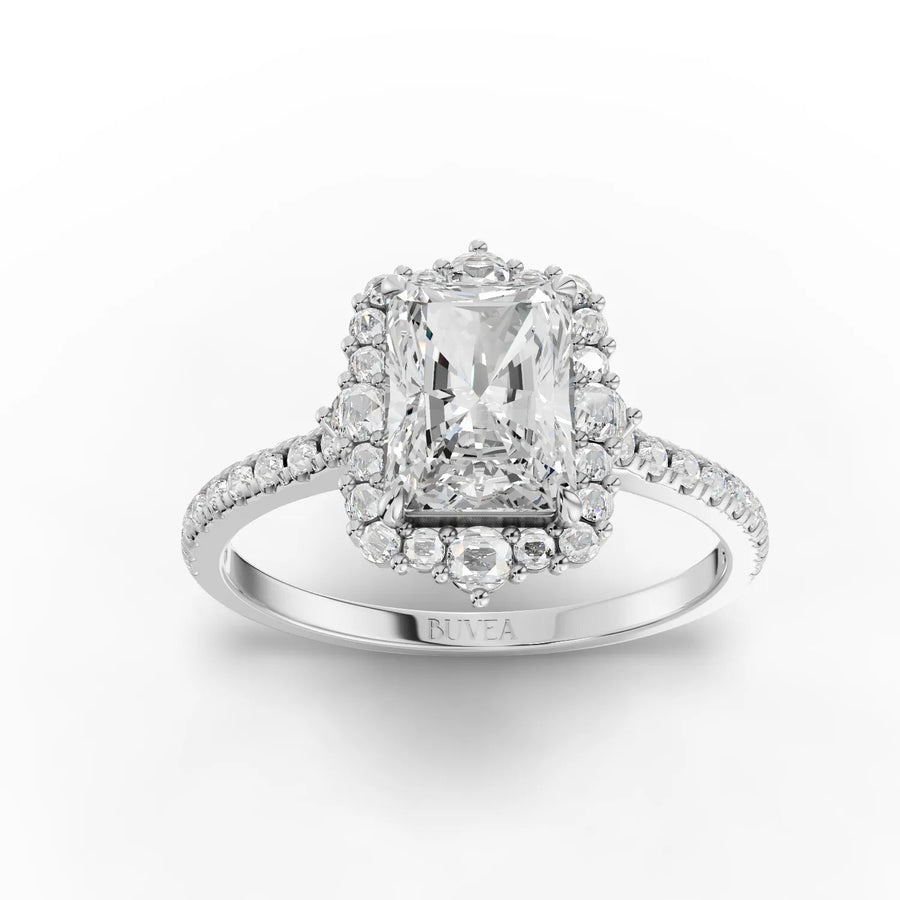 1.42 CT radiant halo lab diamond ring with 1.00 ct center, pavé band, and 18K gold setting