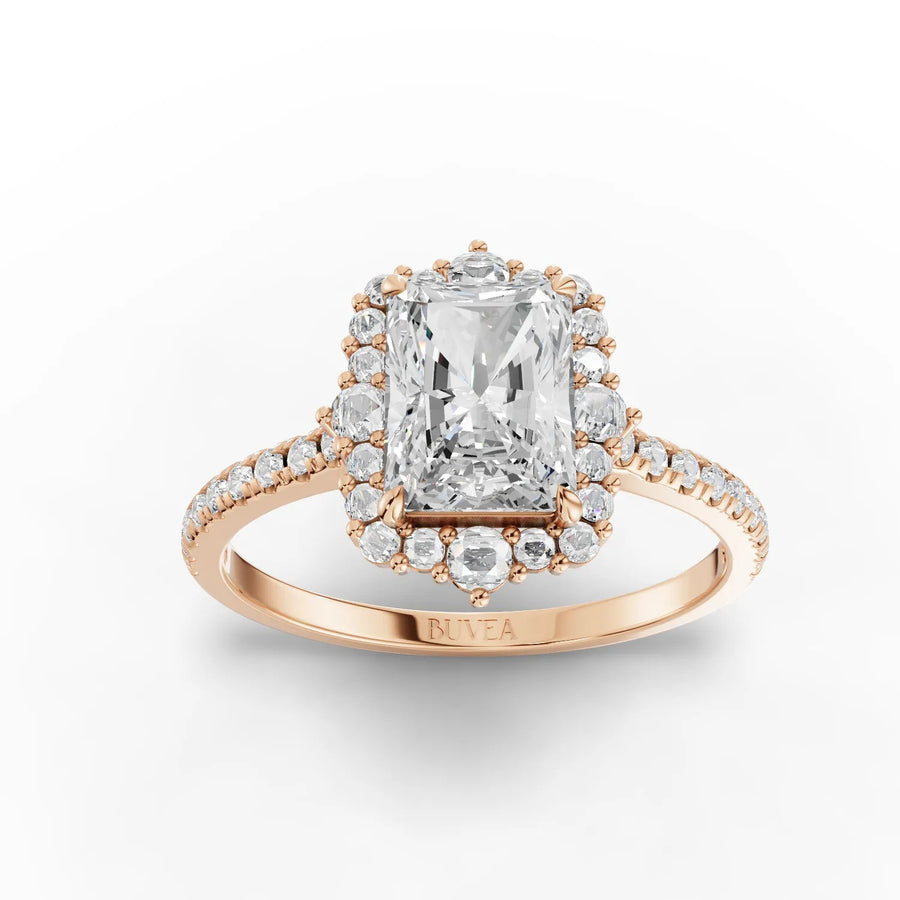 Radiant cut halo engagement ring rose gold top view